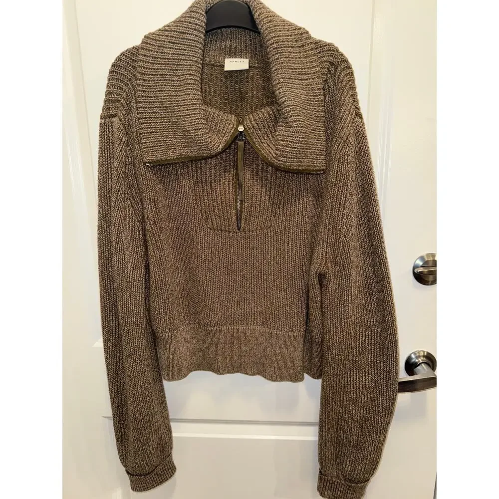 Varley Chunky Knit Quarter Zip Sweater Women Brown Oversized Collar Cozy